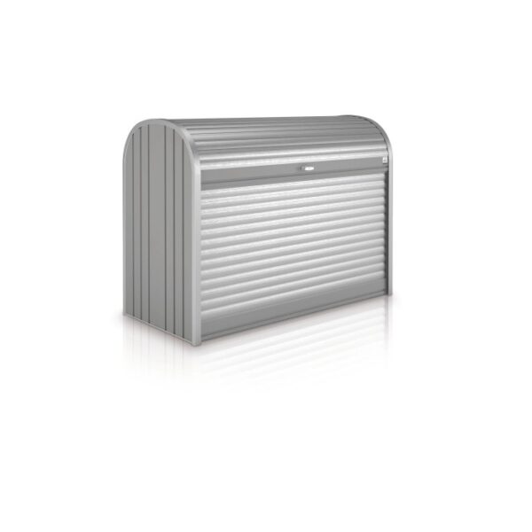 Biohort StoreMax 120 box universale in grigio quarzo metallizzato con serranda e serratura a cilindro.
