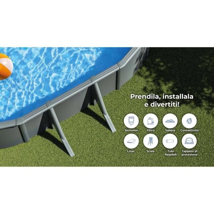 Piscina fuori terra ovale in acciaio antracite Gre 610x375 H 132 cm