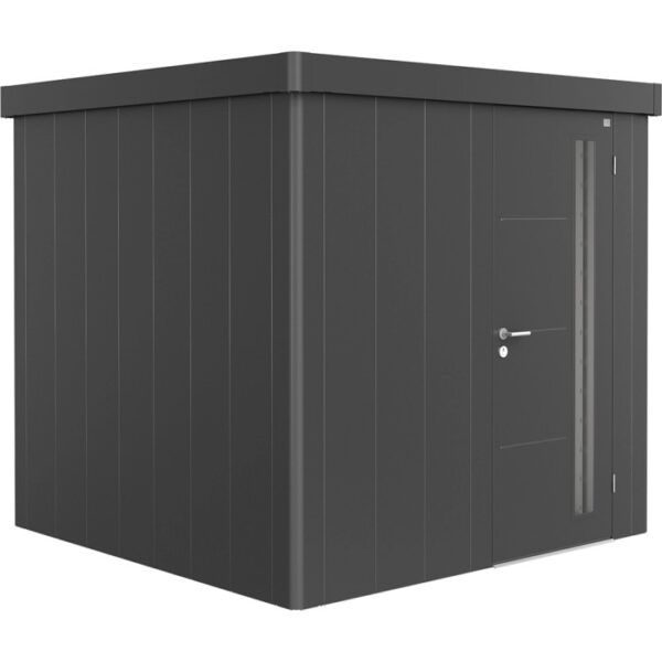 Casetta da giardino Biohort Neo 2B in grigio scuro metallizzato con porta standard. Casetta in metallo per il giardino.