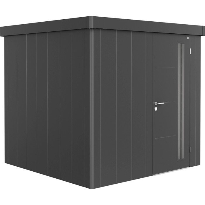 Casetta da giardino Biohort Neo 2B in grigio scuro metallizzato con porta standard. Casetta in metallo per il giardino.