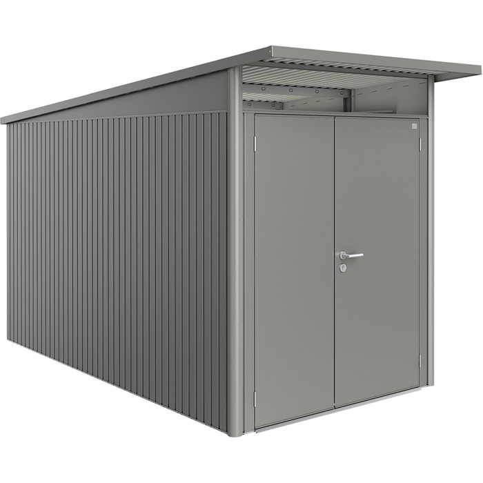 Casetta da giardino in metallo Biohort AvantGarde A4 grigio quarzo metallizzato con doppia porta.