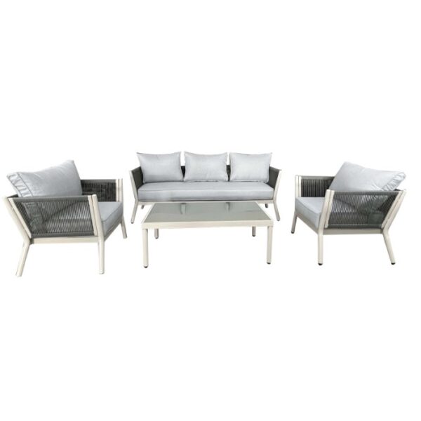 Set di mobili da giardino t.b.t. grigio con divano, poltrone e tavolo.
