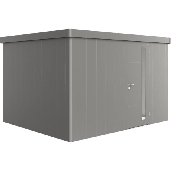 Casetta da giardino Biohort Neo 3D in grigio quarzo metallizzato con porta standard. Casetta in metallo.