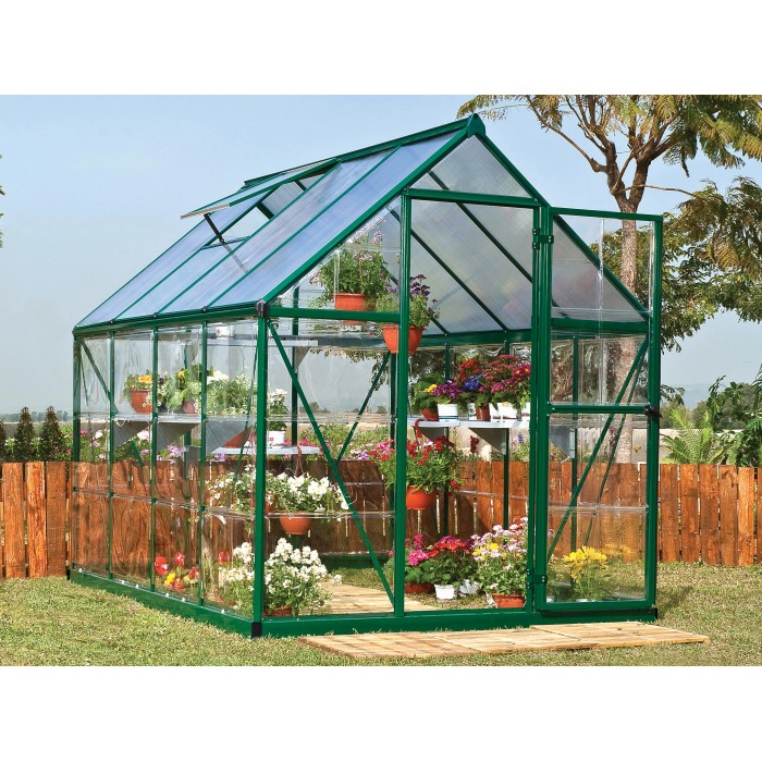 Serra verde Palram Canopia Hybrid 2.5 x 1.9 con pannelli laterali trasparenti e piante.