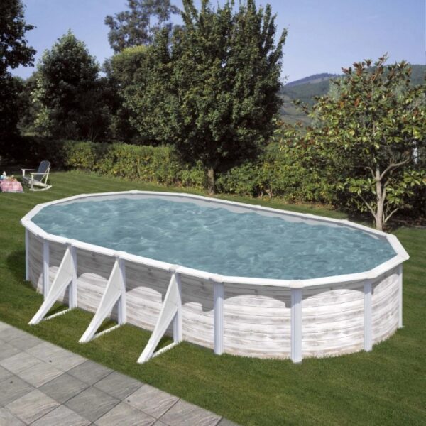 Piscina ovale Gre Finlandia con look Nordic in bianco, 730x375x120 cm. Piscina fuori terra con decoro legno.