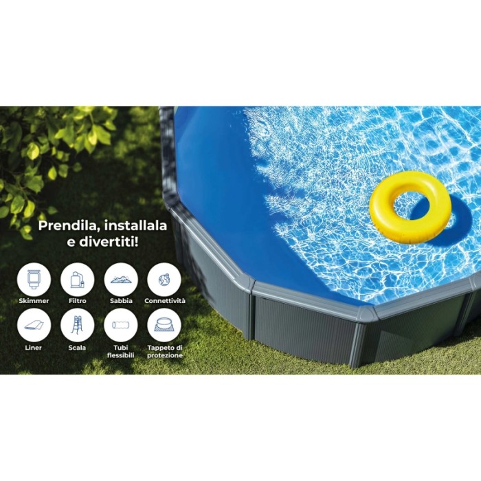 Piscina fuori terra ovale in acciaio antracite Gre 730x375 H 132 cm
