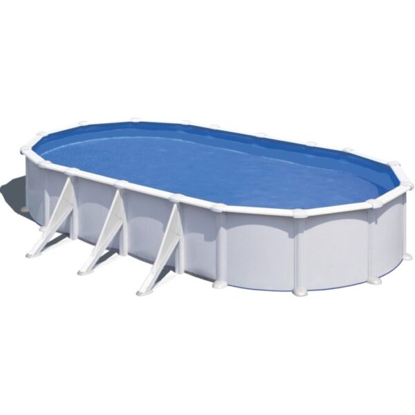 Piscina ovale Gre Atlantis con pareti in acciaio, 800x470x132 cm, bianca, con liner blu.