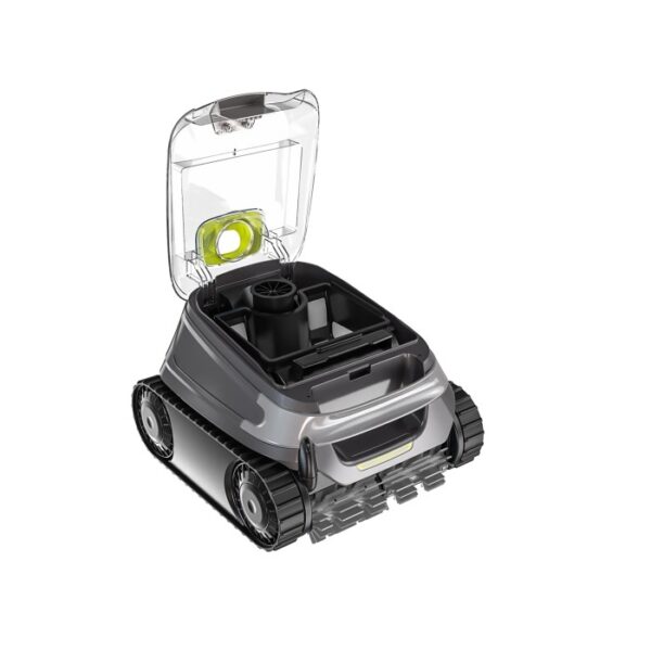 Robot piscina cordless Zodiac CNX-Li 5220 iQ grigio con coperchio aperto.