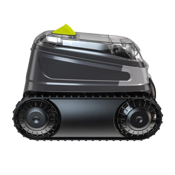 Robot piscina cordless Zodiac CNX-Li 5220 iQ grigio con cingoli e pulsante giallo.