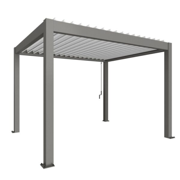 Pergola Biohort 3,5x3m in quarzo bianco: copertura moderna per terrazzi con lamelle regolabili.