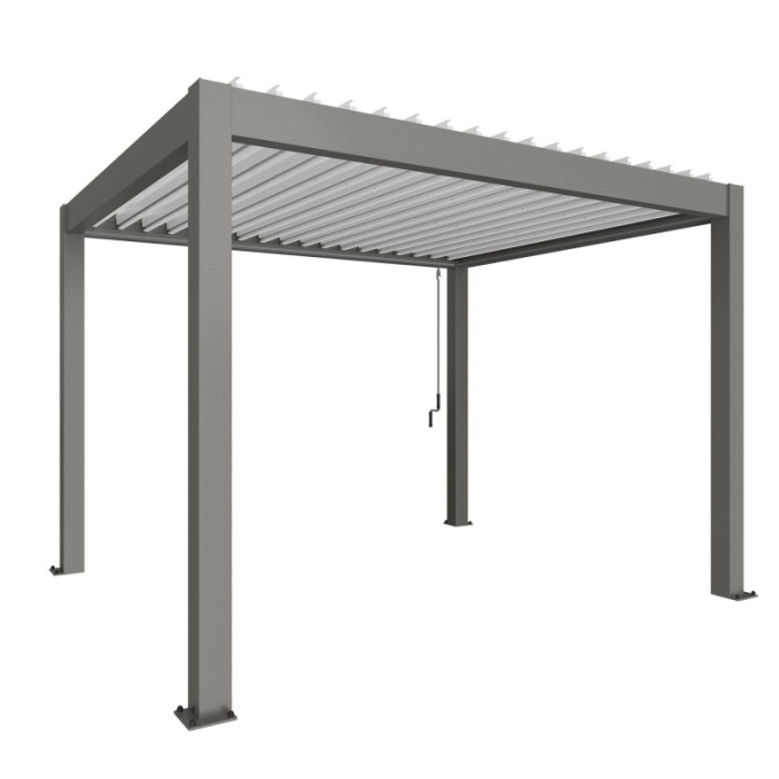 Pergola Biohort 3,5x3m in quarzo bianco: copertura moderna per terrazzi con lamelle regolabili.