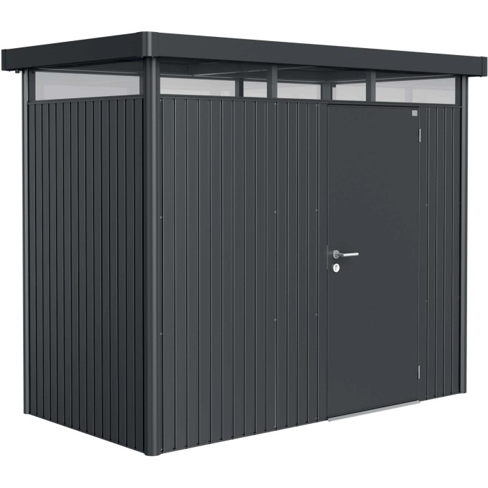 Casetta da giardino Biohort HighLine, grigio scuro metallizzato, 3,5 m² con porta singola. Ricovero attrezzi in metallo.