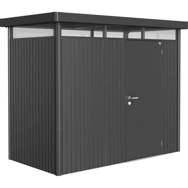 Casetta da giardino Biohort HighLine, grigio scuro metallizzato, 3,5 m² con porta singola. Casetta in metallo per giardino.