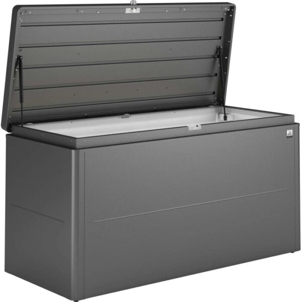 Biohort Loungebox Gr. 160 aperta, grigio scuro, ideale per riporre articoli da giardino.