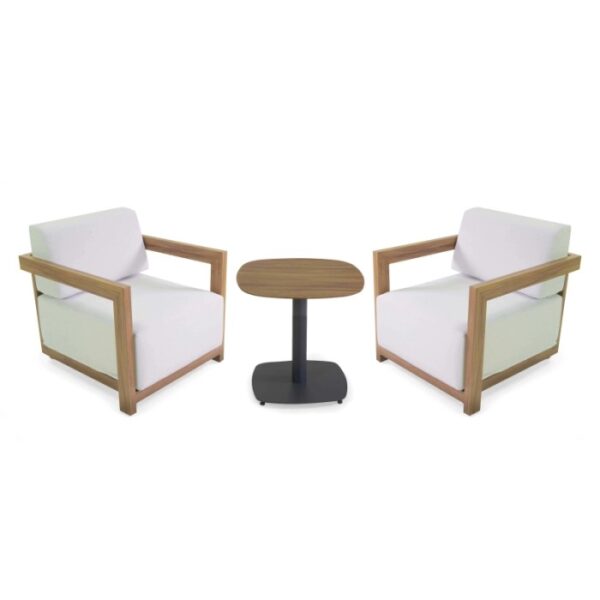 Salotto da giardino Frederik alluminio effetto legno con cuscini bianco 2 posti