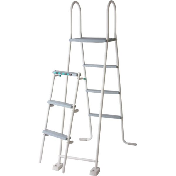 Scala di sicurezza bianca per piscina Gre Atlantis con pareti in acciaio, altezza 134 cm.
