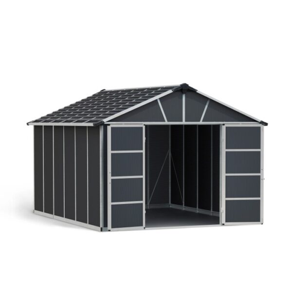 Casetta da giardino in plastica Palram Canopia Yukon 3.3 x 4 antracite con porte scorrevoli aperte.