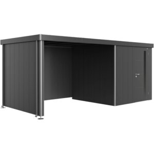 Tetto laterale Biohort in grigio scuro metallizzato per casetta Neo, con supporti e pluviali.