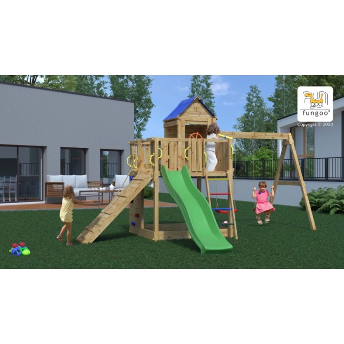 Gioco da giardino Treehouse con scivolo e altalene 443x501xh272 cm