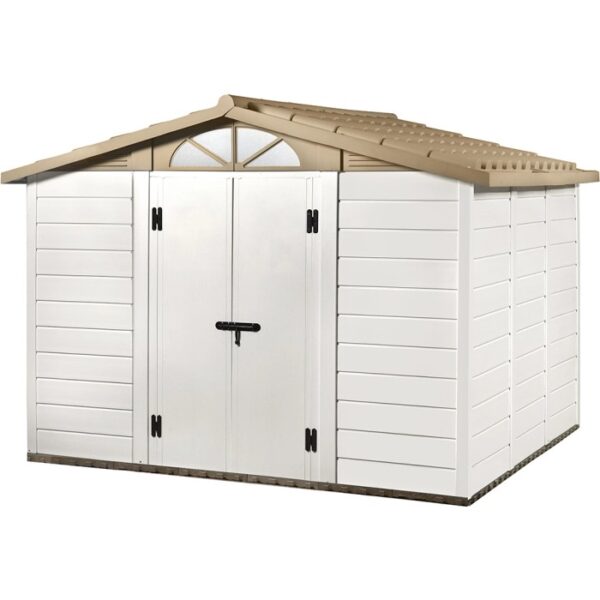 Casetta da giardino in plastica Garofalo Tuscany 280 color crema con tetto marrone, 309x261x225cm.