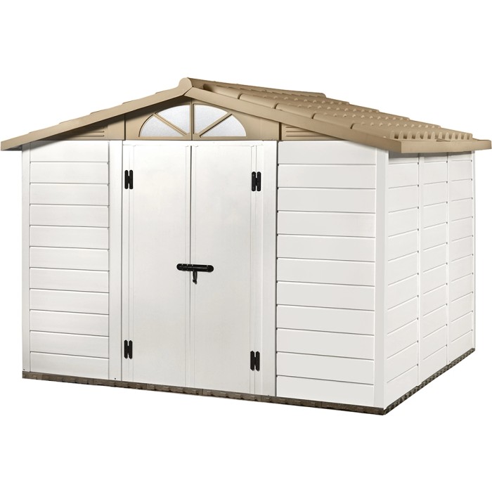 Casetta da giardino in plastica Garofalo Tuscany 280 color crema con tetto marrone, 309x261x225cm.