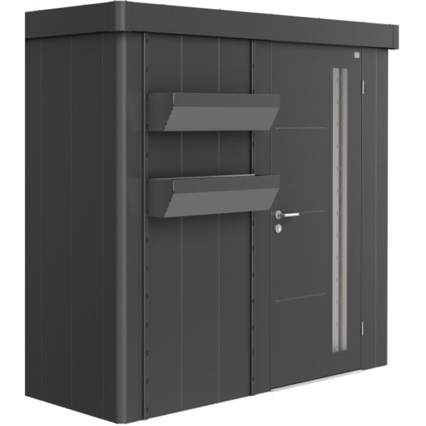 Biohort FloraBoard in grigio scuro metallizzato su casetta da giardino Neo. Accessorio per casetta da giardino con fioriere.
