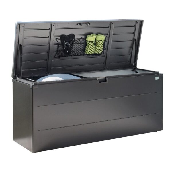 Biohort Stylebox 140 aperta in grigio scuro metallizzato, box universale per giardino, terrazza o balcone.