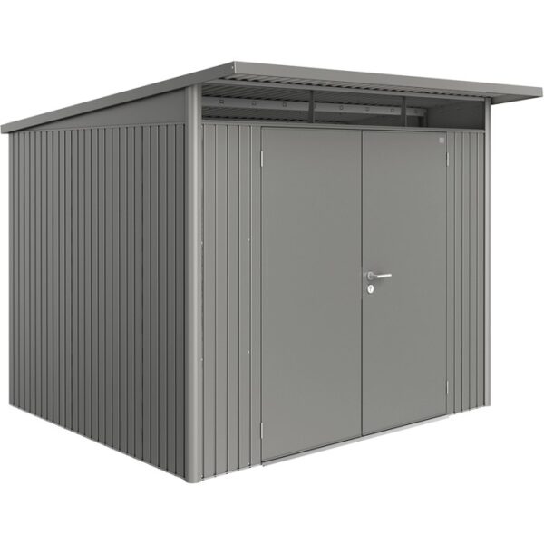 Casetta da giardino in metallo Biohort AvantGarde Gr. A6 in grigio quarzo metallizzato con doppia porta.
