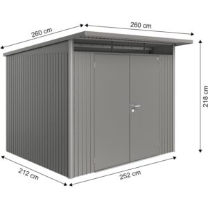 Casetta da giardino in metallo Biohort AvantGarde A6, grigio quarzo metallizzato, con doppia porta e dimensioni.