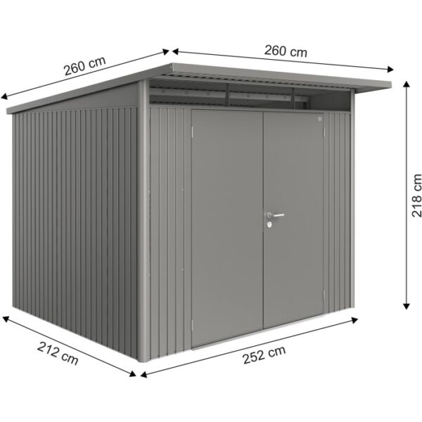 Casetta da giardino in metallo Biohort AvantGarde A6, grigio quarzo metallizzato, con doppia porta e dimensioni.