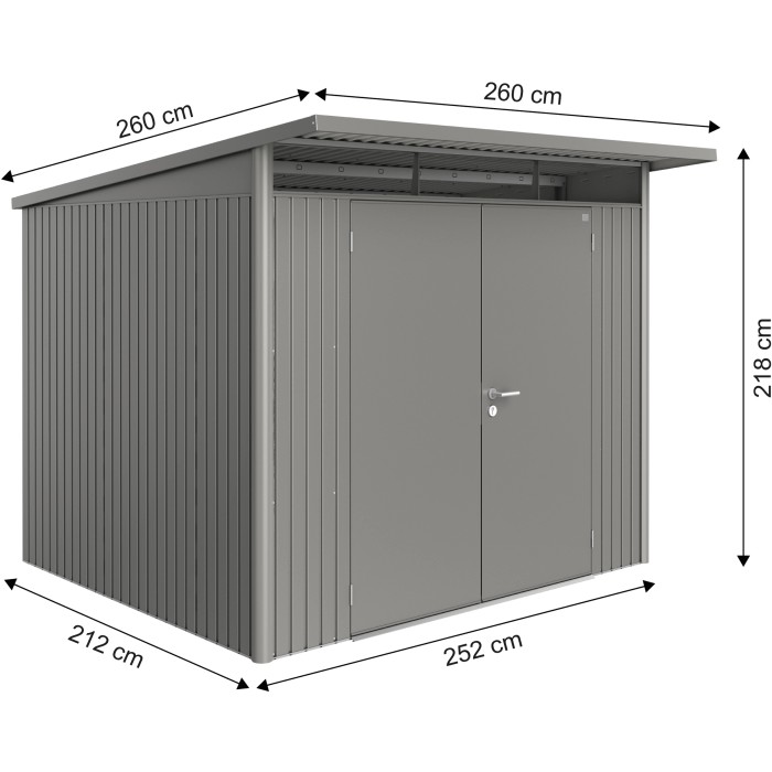Casetta da giardino in metallo Biohort AvantGarde A6, grigio quarzo metallizzato, con doppia porta e dimensioni.