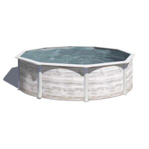 Piscina rotonda Gre Finlandia con look Nordic in bianco, Ø 460 cm x 120 cm. Piscina fuori terra con decoro legno.