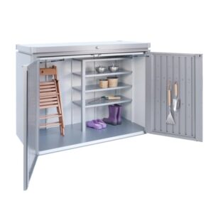 Box da giardino Biohort HighBoard 160 aperta, grigio quarzo metallizzato, con accessori da giardino.