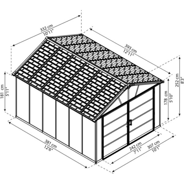Casetta da giardino grigia Palram Canopia Yukon 3.3 x 4 (13.1 m²) con dimensioni.