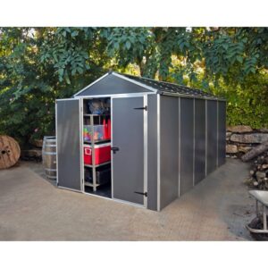 Casetta da giardino Palram Rubicon antracite, 377x185 cm, con porta aperta e scaffali.
