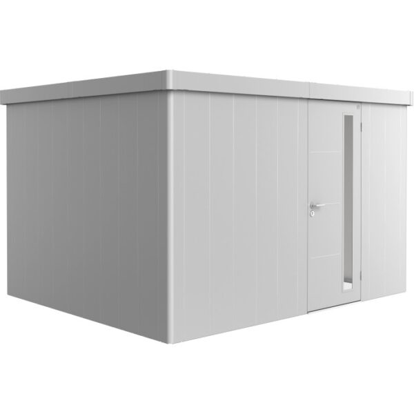 Casetta da giardino Biohort Neo 3D in argento metallizzato con porta standard. Casetta moderna per il giardino.