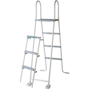 Scala bianca per piscina con pareti in acciaio Atlantis, scala di sicurezza con gradini e piattaforma.