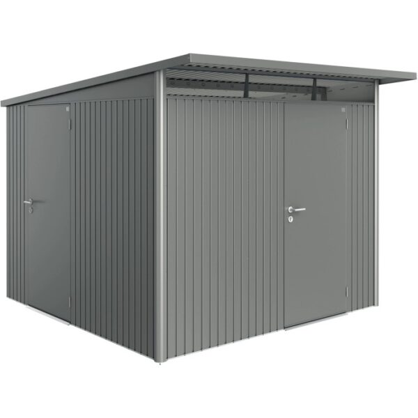Casetta da giardino in metallo grigio con due porte. Ideale per riporre gli attrezzi da giardino.