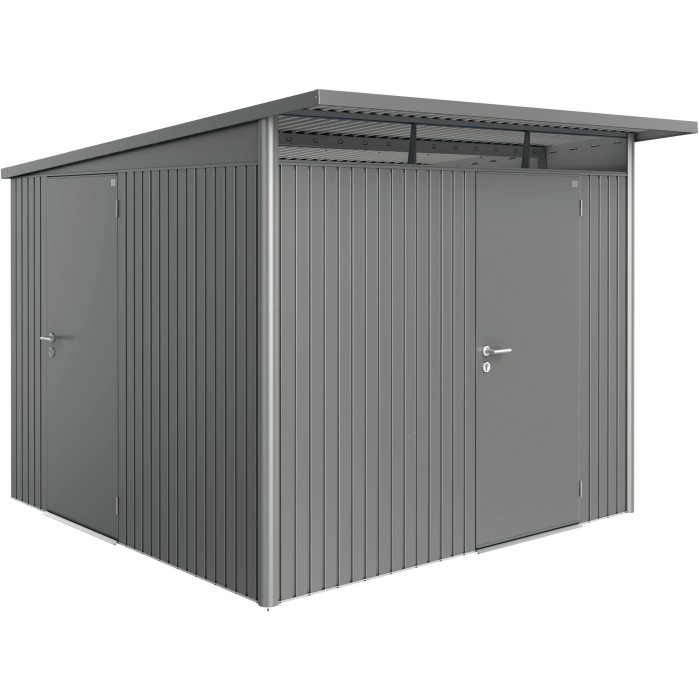 Casetta da giardino in metallo grigio con due porte. Ideale per riporre gli attrezzi da giardino.