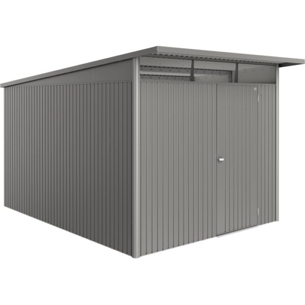 Casetta da giardino in metallo Biohort AvantGarde ECO Gr. A8, grigio quarzo metallizzato, con porta standard.
