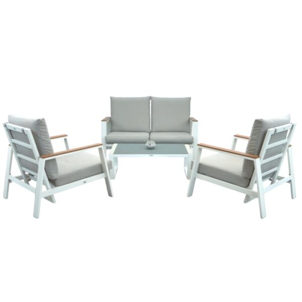 Set di mobili da giardino moderno con divano, due poltrone e tavolo. Ideale per terrazza e giardino.