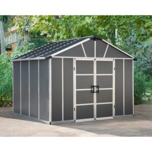 Casetta da giardino in plastica grigia Palram Canopia Yukon 3.3 x 2.7 con doppia porta e tetto a due falde.