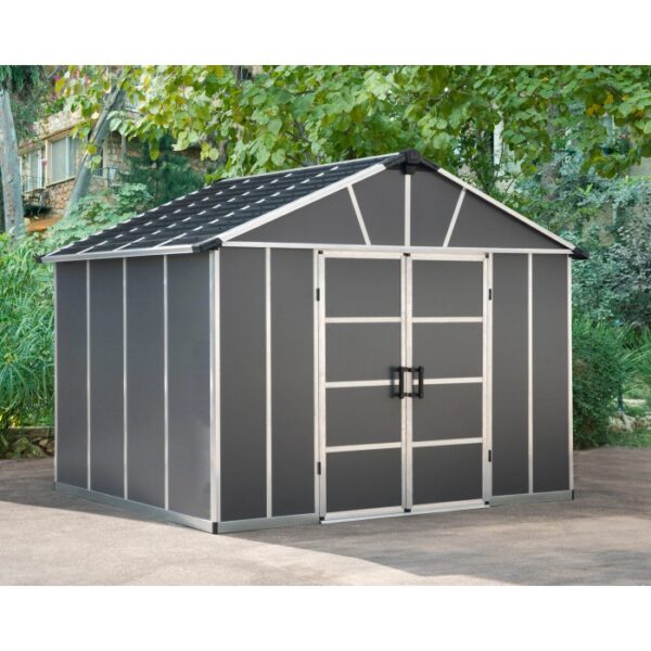 Casetta da giardino in plastica grigia Palram Canopia Yukon 3.3 x 2.7 con doppia porta e tetto a due falde.