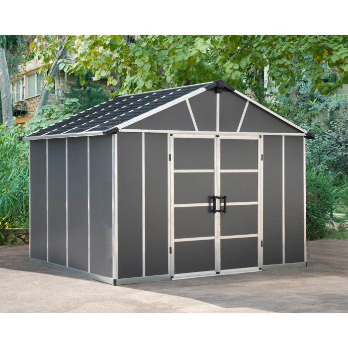 Casetta da giardino in plastica grigia Palram Canopia Yukon 3.3 x 2.7 con doppia porta e tetto a due falde.