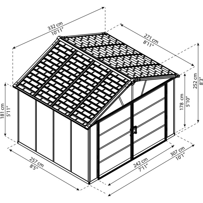 Schizzo del capanno grigio Palram Canopia 3.3 x 2.7 m con dimensioni.