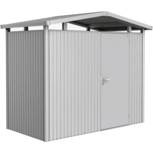Casetta da giardino in metallo Biohort Panorama, argento, 3,5 m², con porta e tetto a due falde.