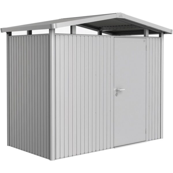 Casetta da giardino in metallo Biohort Panorama, argento, 3,5 m², con porta e tetto a due falde.