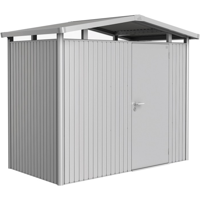Casetta da giardino in metallo Biohort Panorama, argento, 3,5 m², con porta e tetto a due falde.