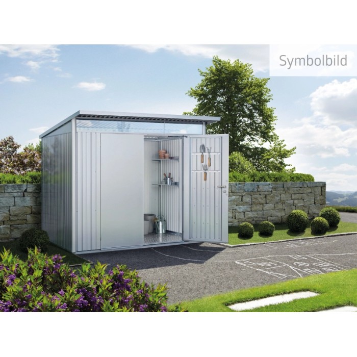 Casetta da giardino in metallo Biohort AvantGarde Gr. A3, argento-metallizzato con porta aperta.