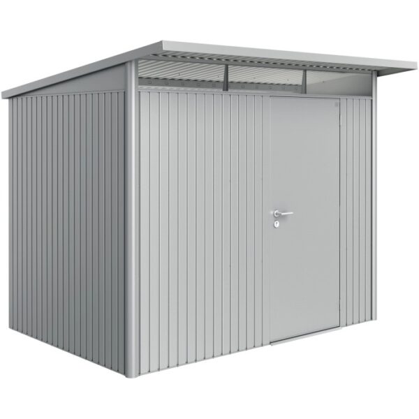 Casetta da giardino in metallo argentato con porta. Ideale per riporre gli attrezzi da giardino.